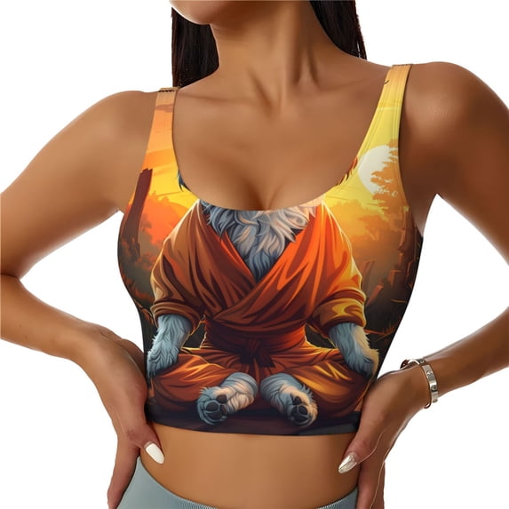 Sikiie Cartoon Puppy Sunset Print Strappy Sports Bra for Women Padded Push Up Sports Bra Athletic Running Sports Bra Workout Bra Yoga Bra