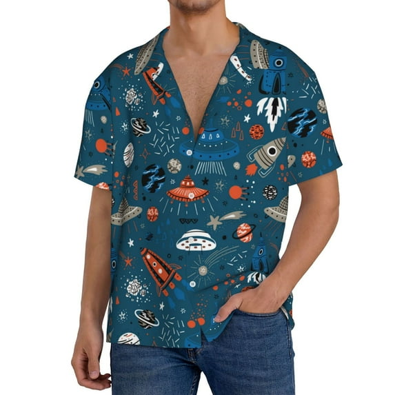 Sikiie Cartoon Space1 Men's Wrinkle Free Untucked Cuban Shirt Business Casual Button Down Shirts Short Sleeve ShirtX-Large