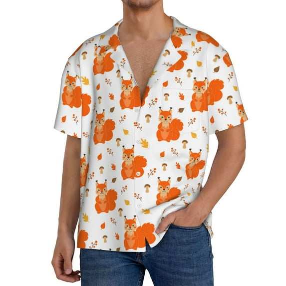 Sikiie Cartoon Squirrel Men's Wrinkle Free Untucked Cuban Shirt Business Casual Button Down Shirts Short Sleeve ShirtMedium