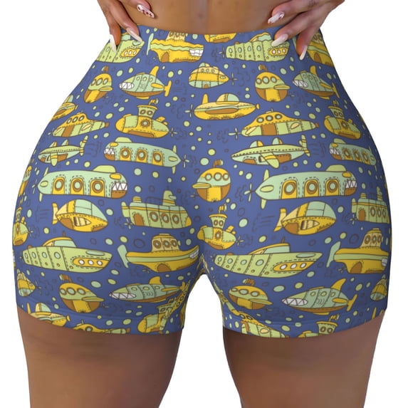 Sikiie Cartoon Submarines Print Workout Shorts Women Scrunch Butt Gym Shorts Seamless High Waist Tummy Control Yoga Biker Athletic Shorts