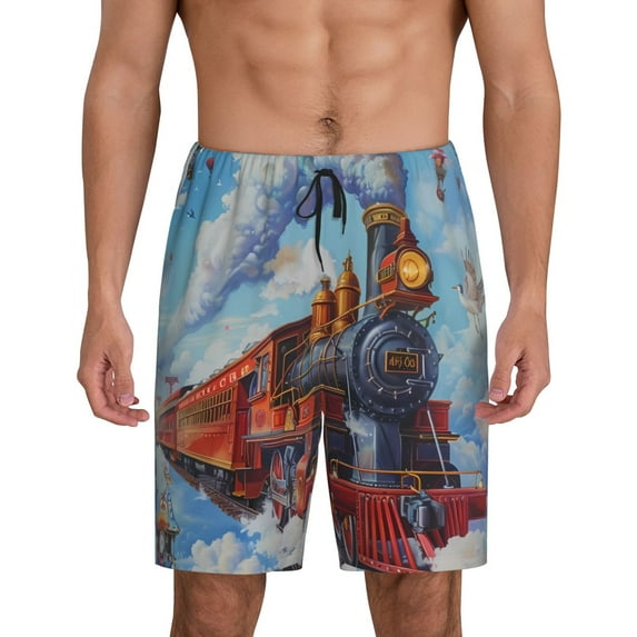 Sikiie Cartoon Train Hot Air Balloon Mens Pajama Shorts, Lightweight Lounge Pant with Pockets Soft Sleep Pj Shorts for MenMedium
