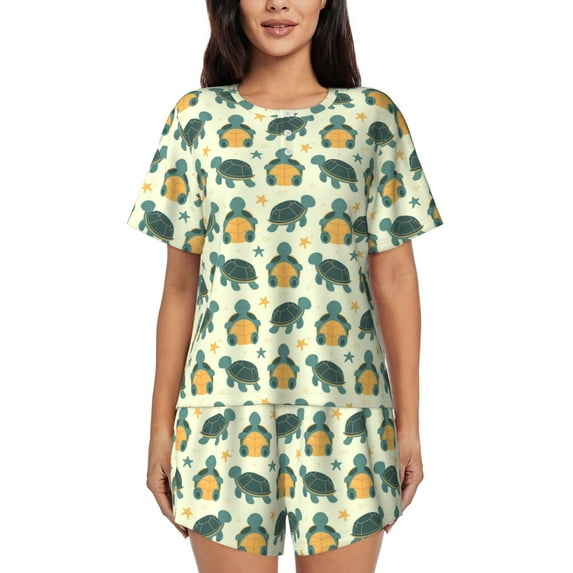 Sikiie Cartoon Turtles Womens Pajama Sets Short Sleeve Top With Pants Sleepwear 2 Piece Lounge SetX-Large