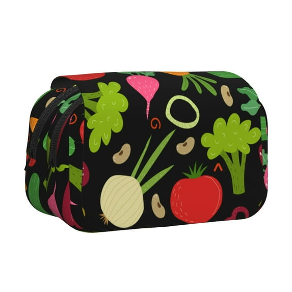 Sikiie Cartoon Vegetables Print Flip Double-layer Pencil Case, All-purpose Stationery Bag for Study and Office, Zipper Design, Unisex