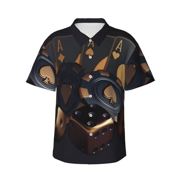 Sikiie Casino Cards Poker Print Men's Hawaiian Shirt, Summer Beach Button Pocket Short Sleeve T-Shirt,Large