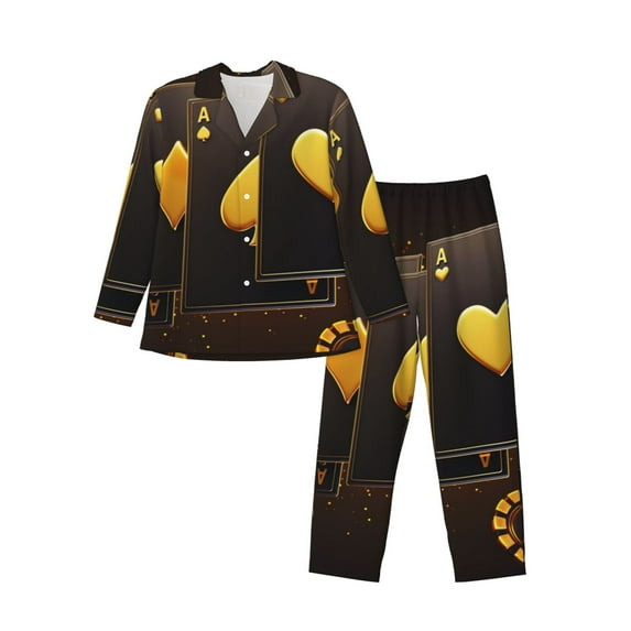 Sikiie Casino Playing Cards Mens Pajama Set, Soft Warm Long Sleeve Sleepwear, Cozy Button-Down Pjs for Men-Medium