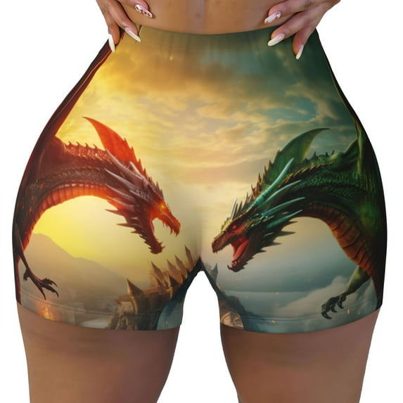 Sikiie Castle Red Green Sky Dragon Print Workout Shorts Women Scrunch Butt Gym Shorts Seamless High Waist Tummy Control Yoga Biker Athletic Shorts
