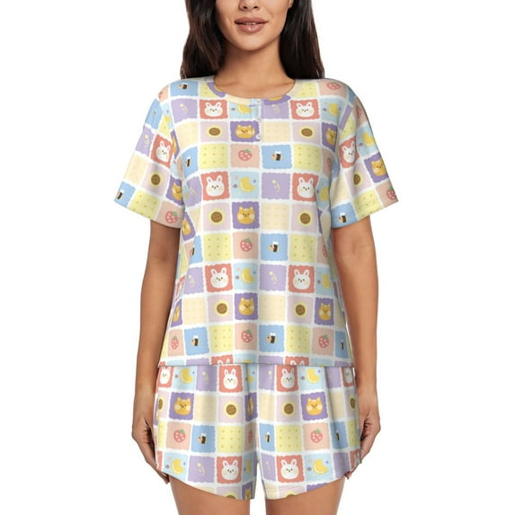 Sikiie Cat And Rabbit Womens Pajama Sets Short Sleeve Top With Pants Sleepwear 2 Piece Lounge SetMedium
