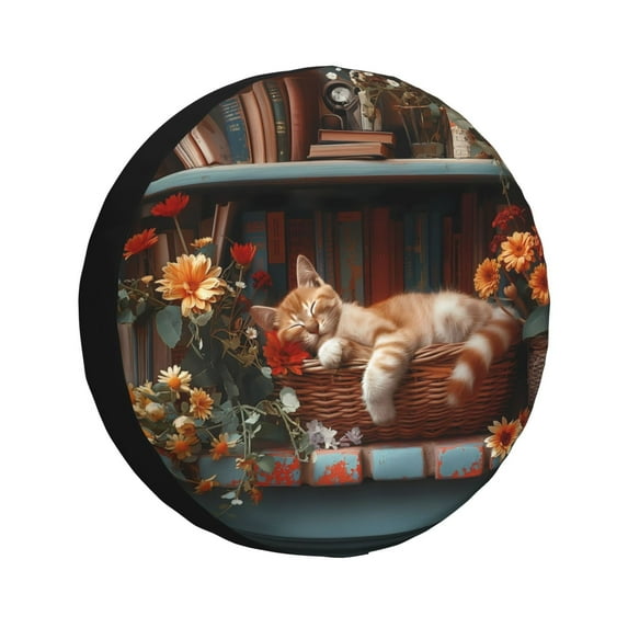 Sikiie Cat Asleep Among Flowers PVC Leather Spare Tire Wheel Cover Spare Tire Cover, for Car Truck SUV Camper Trailer Universal Fit(14-17in)-16 inch