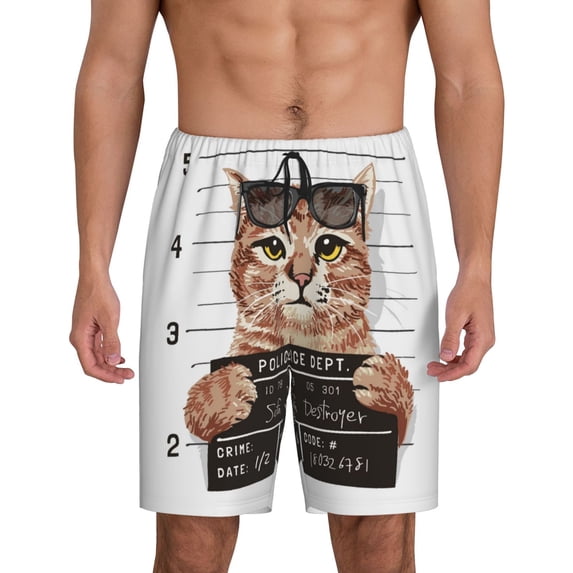 Sikiie Cat Holding Mugshot Sign Mens Pajama Shorts, Lightweight Lounge Pant with Pockets Soft Sleep Pj Shorts for MenXX-Large