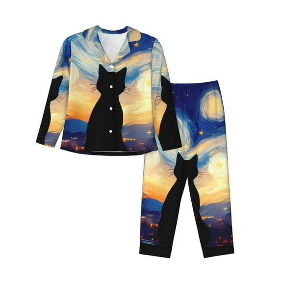 Sikiie Cat Under Starry Skies Pajamas for Women Set, Womens Pajama Sets, Lounge Sets for Women, 2pjs for Women-XX-Large