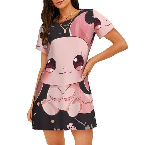 Sikiie Chibi Axolotl Sakura Fantasy Print Women's Short-sleeved Nightdress, Round Neck Pullover Nightdress Pajamas Summer Home Wear