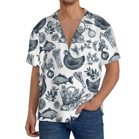 Sikiie Chicken And Fish Men's Wrinkle Free Untucked Cuban Shirt Business Casual Button Down Shirts Short Sleeve Shirt4X-Large