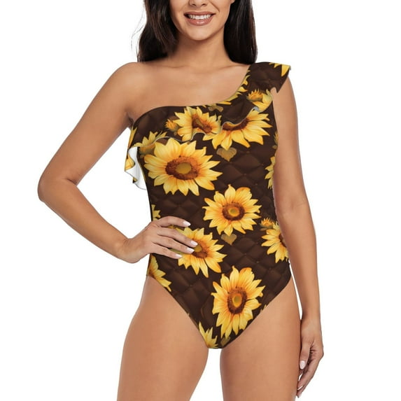 Sikiie Chocolate Plaid Sunflower A Print Women One Piece Swimsuits Tummy Control One Shoulder Bathing Suits Ruffle Swimwear, From S to XXL-Small