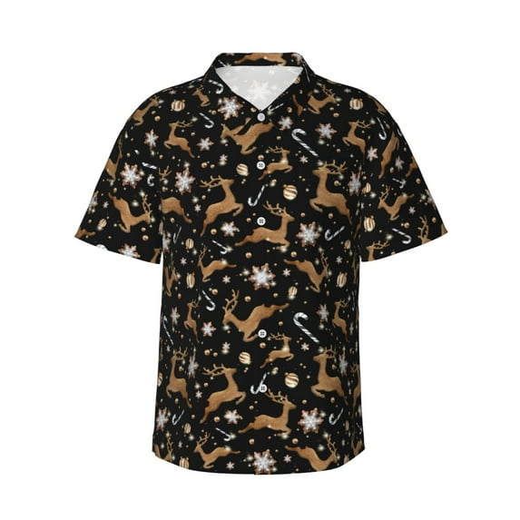 Sikiie Christmas Cookie Reindeer Print Men's Hawaiian Shirt, Summer Beach Button Pocket Short Sleeve T-Shirt,XX-Large