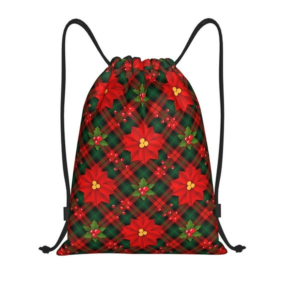 Sikiie Christmas Plaid Flower Drawstring Backpack Drawstring Bags, Draw String Back Bag for Sports, Gym, Travel, Swimming, Beach-Small