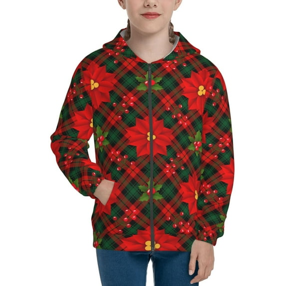 Sikiie Christmas Plaid Flower Zip Up Hoodie Teenage, hoodies for Teenage, Zipper Sweatshirt Jacket for Daily, Traveling-