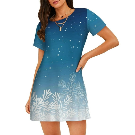 Sikiie Christmas Snowflakes Print Women's Short-sleeved Nightdress, Round Neck Pullover Nightdress Pajamas Summer Home Wear