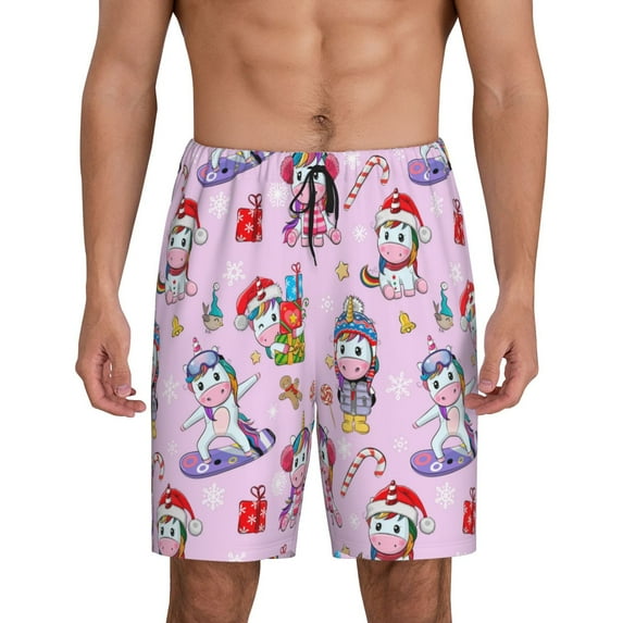 Sikiie Christmas Unicorns Mens Pajama Shorts, Lightweight Lounge Pant with Pockets Soft Sleep Pj Shorts for Men