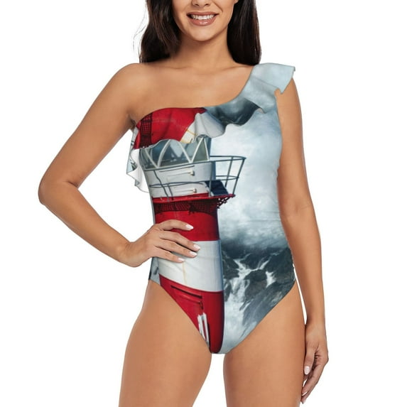 Sikiie Circular Lighthouse Print Women One Piece Swimsuits Tummy Control One Shoulder Bathing Suits Ruffle Swimwear, From S to XXL-Small