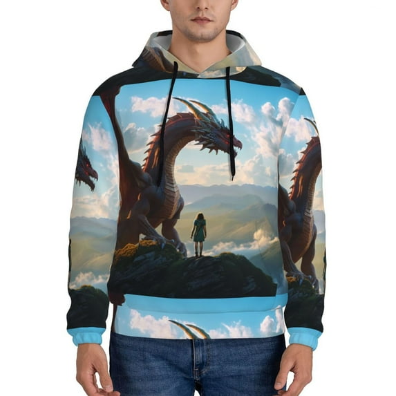 Sikiie Clear Sky Mountain Red Dragon Men's Hoodie, Essentials Hoodie, Sweatshirt, Pullover Hooded Sweatshirt for Men-Medium