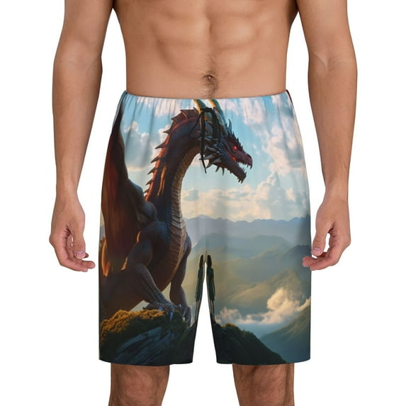 Sikiie Clear Sky Mountain Red Dragon Mens Pajama Shorts, Lightweight Lounge Pant with Pockets Soft Sleep Pj Shorts for MenLarge