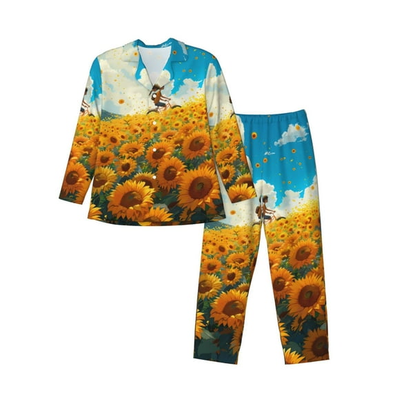 Sikiie Clear Sky Sunflower Mens Pajama Set, Soft Warm Long Sleeve Sleepwear, Cozy Button-Down Pjs for Men-X-Large
