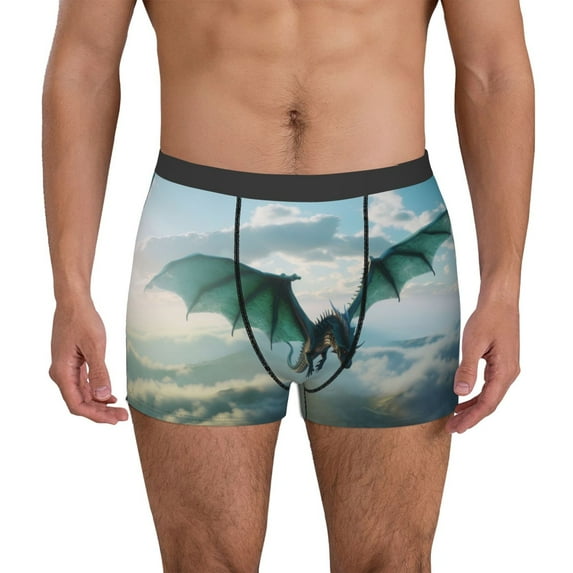 Sikiie Cloud Sky Green Dragon Print Men's Boxer Briefs, Elastic Waistband Boxer Briefs Leggings-Large