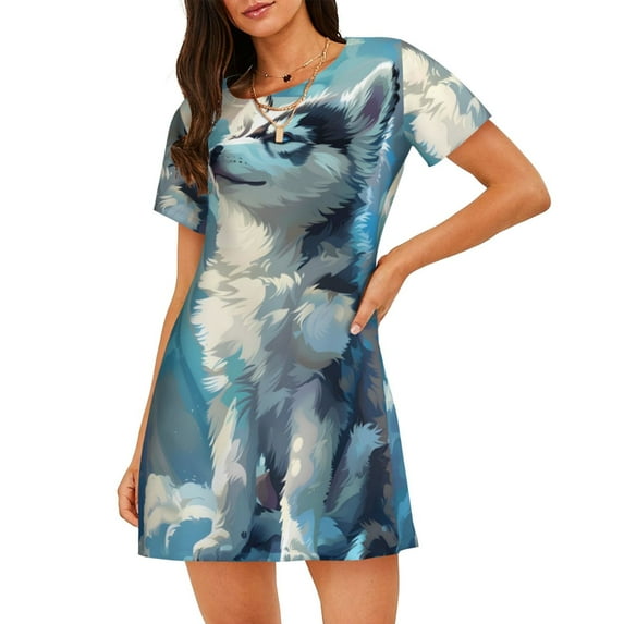 Sikiie Cloud Sunshine Puppy Print Women's Short-sleeved Nightdress, Round Neck Pullover Nightdress Pajamas Summer Home Wear