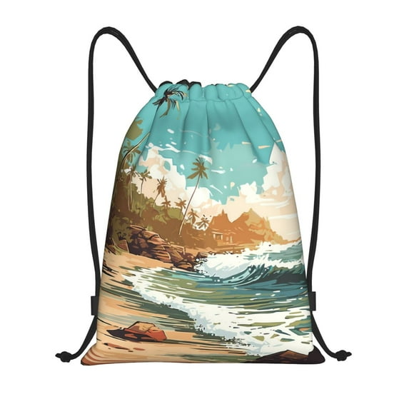 Sikiie Coastal Palm Beach Drawstring Backpack Drawstring Bags, Draw String Back Bag for Sports, Gym, Travel, Swimming, Beach-Small