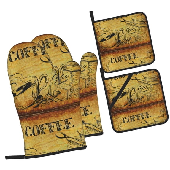 Sikiie Coffee Vintage Oven Mitts and Pot Holders, Silicone Oven Gloves, Heat Resistant Oven Mitts 4Pcs Set