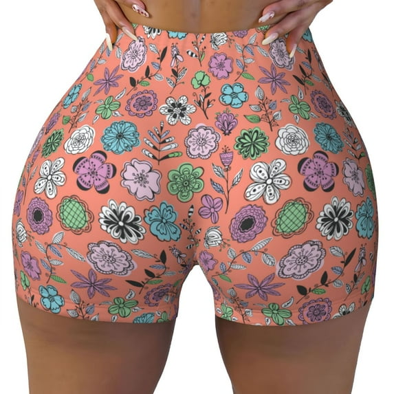 Sikiie Color Flowers Print Workout Shorts Women Scrunch Butt Gym Shorts Seamless High Waist Tummy Control Yoga Biker Athletic Shorts