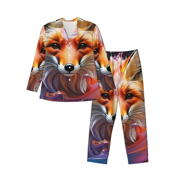 Sikiie Color Splash Fox Portrait Mens Pajama Set, Soft Warm Long Sleeve Sleepwear, Cozy Button-Down Pjs for Men-X-Large