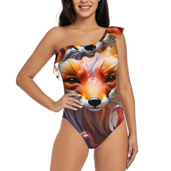 Sikiie Color Splash Fox Portrait Print Women One Piece Swimsuits Tummy Control One Shoulder Bathing Suits Ruffle Swimwear, From S to XXL-XX-Large
