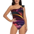 thumbnail image 1 of Sikiie Colorful Abstract Wave Motion Print Women One Piece Swimsuits Tummy Control One Shoulder Bathing Suits Ruffle Swimwear, From S to XXL-XX-Large, 1 of 6