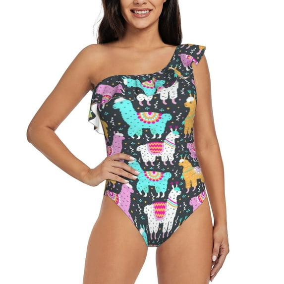 Sikiie Colorful Alpaca Print Women One Piece Swimsuits Tummy Control One Shoulder Bathing Suits Ruffle Swimwear, From S to XXL-Large