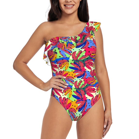 Sikiie Colorful Bananas Print Women One Piece Swimsuits Tummy Control One Shoulder Bathing Suits Ruffle Swimwear, From S to XXL-XX-Large