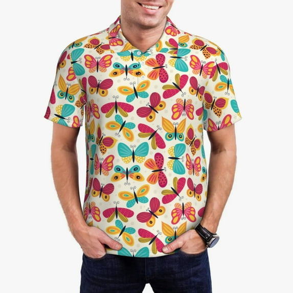 Sikiie Colorful Butterflies Print Men's Short-sleeved POLO Shirts, Button-down Shirts and T-shirts are Suitable for Vacation, Leisure and Business-4X-Large