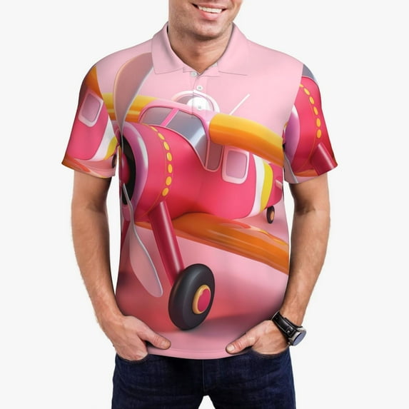 Sikiie Colorful Cartoon Biplane Print Men's Short-sleeved POLO Shirts, Button-down Shirts and T-shirts are Suitable for Vacation, Leisure and Business-Small