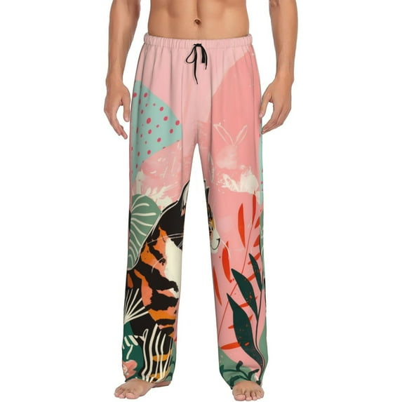 Sikiie Colorful Cat With Flowers Pajama Pants Men, PJ Bottoms, Sleep & Lounge Pants-Medium
