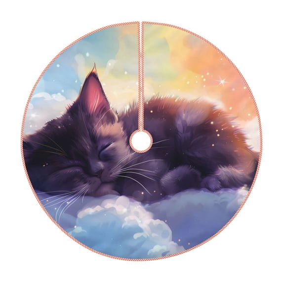 Sikiie Colorful Cloud Sleeping Cat Nativity Christmas Tree Skirt, Jesus Christian Winter Holiday Tree Mat Decoration(30-48IN)