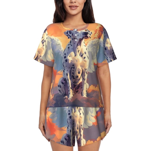 Sikiie Colorful Cloud Spotted Dog Womens Pajama Sets Short Sleeve Top With Pants Sleepwear 2 Piece Lounge SetX-Large