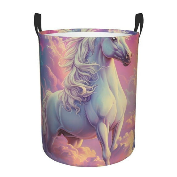 Sikiie Colorful Cloud White Horse Print Round Dirty Clothes Basket, Waterproof Standing Foldable Storage Basket, for Laundry Room, Bedroom, Bathroom Storage-Medium