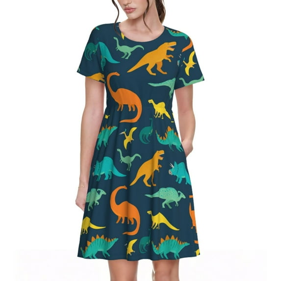 Sikiie Colorful Dinosaur Print Women's Short-sleeved Dress, Round Neck Slim Knee-length Dress, Summer Clothing Suitable for Daily Leisure and Vacation
