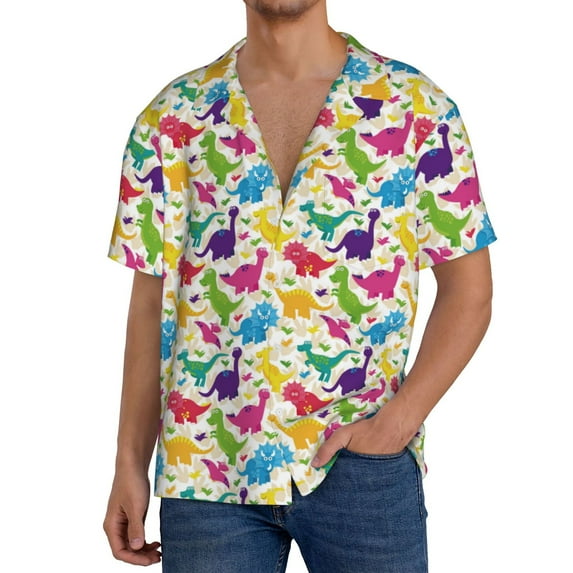 Sikiie Colorful Dinosaurs Men's Wrinkle Free Untucked Cuban Shirt Business Casual Button Down Shirts Short Sleeve ShirtMedium