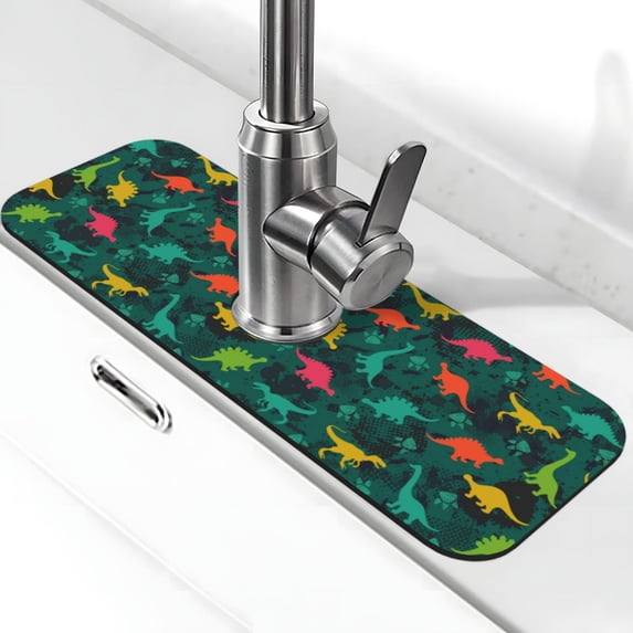 Sikiie Colorful Dinosaurs Splash Guard for Sink Faucet-1 PC Super Absorbent Fast Drying Mat Sink Gadgets-Splash Guard for Kitchen, Sink Mat