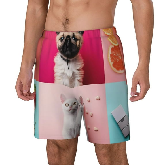 Sikiie Colorful Dog Cat Collage Print Men's Double Layer Swimming Trunks, Adjustable Waistband and Pockets Sports Swimming Trunks, Beach Swimwear-Large