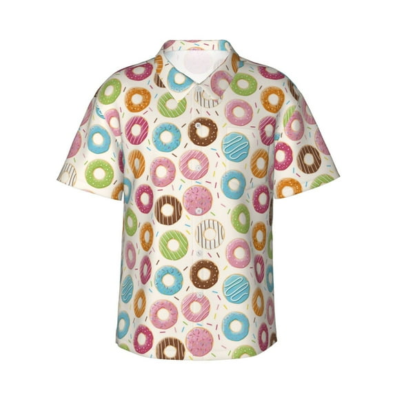 Sikiie Colorful Donuts Print Men's Hawaiian Shirt, Summer Beach Button Pocket Short Sleeve T-Shirt,3X-Large