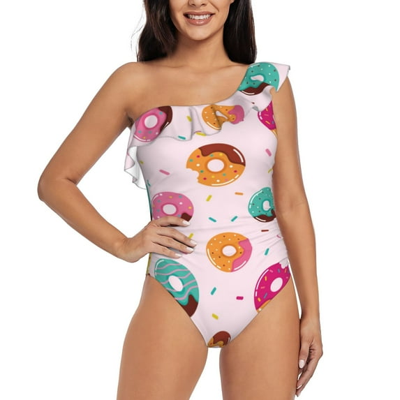 Sikiie Colorful Donuts Print Women One Piece Swimsuits Tummy Control One Shoulder Bathing Suits Ruffle Swimwear, From S to XXL-XX-Large