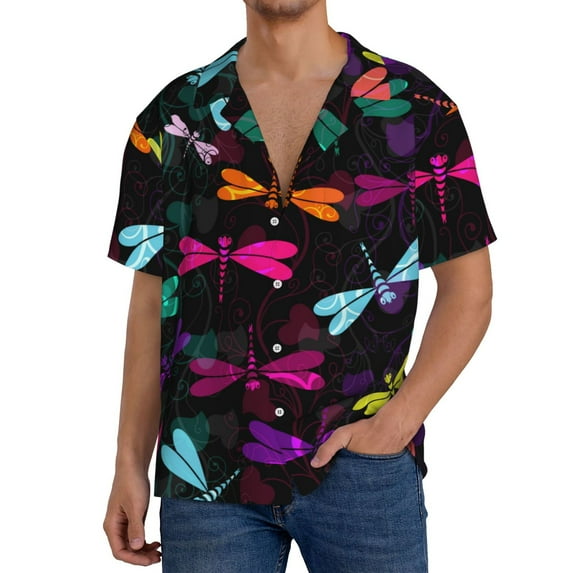 Sikiie Colorful Dragonflies Men's Wrinkle Free Untucked Cuban Shirt Business Casual Button Down Shirts Short Sleeve Shirt3X-Large