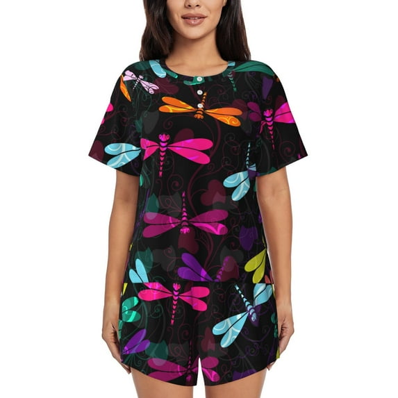 Sikiie Colorful Dragonflies Womens Pajama Sets Short Sleeve Top With Pants Sleepwear 2 Piece Lounge SetMedium
